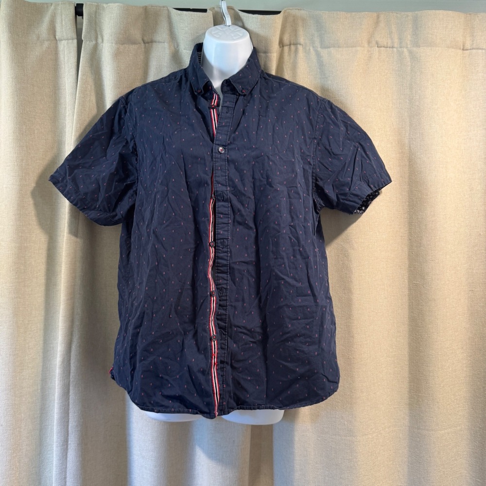 Denim & Flower Ricky Singh Mens L Slim Fit Blue Anchor‎ Print Short Sleeve Shirt